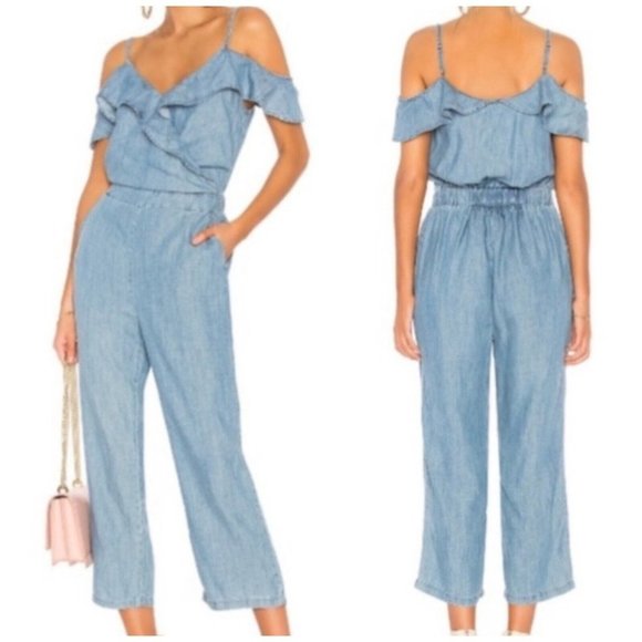 New Micheal Stars Chambray Jumpsuit Womens Size Small Blue Ruffled Wide Leg Pant - Picture 1 of 14